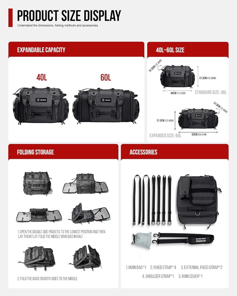 RIDEIRON Motorcycle Tail Bag, Expandable Motorcycle Travel Luggage Bags 40L-60L, Waterproof Rear Rack Trunk with Rain Cover and Sissy Bar Straps - Image 3